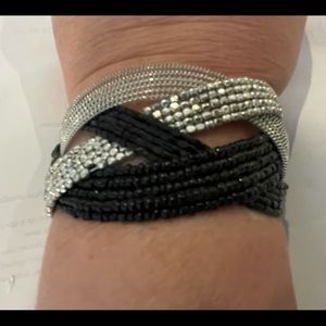 Black, silver color open end bracelet. Plus size